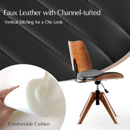 HULALA HOME Faux Leather Home Office Chair with Solid Wood Legs, 360° Swivel Desk Chair No Wheels with Bentwood Design, Mid-Century Modern Wide Seat Computer Task Chair, Black