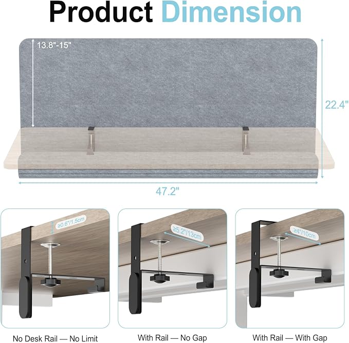 Desk Privacy Panel with Wire Management, 47.2 x 22.5 inch Sound Absorbing Felt Cubicle Desk Divider with Hidden Cord Organizer, Clamp or Screw Mount, Acoustic Partition for Office & Home