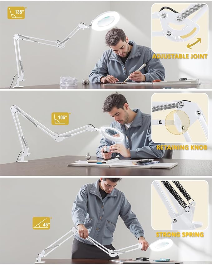 12X Magnifying Glass with Light and Clamp, Ultra Long 3 Section Swing Arm LED Desk Lamp, Real Glass Lens, 5 Color Modes Dimmable, Hands Free Lighted Magnifier with Stand for Repair Crafts - White