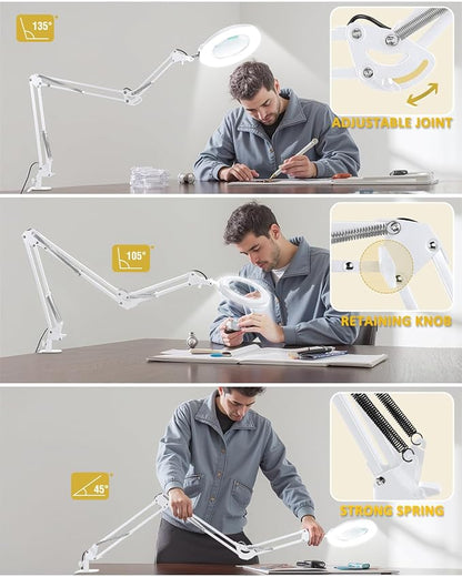 12X Magnifying Glass with Light and Clamp, Ultra Long 3 Section Swing Arm LED Desk Lamp, Real Glass Lens, 5 Color Modes Dimmable, Hands Free Lighted Magnifier with Stand for Repair Crafts - White