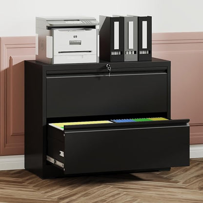 KEIKI 2 Drawer Lateral File Cabinet with Lock, Metal Filing Cabinet, Wide Storage for Letter/Legal/A4/F4, Anti-Tilt Safety, Quiet Full-Extension Slides for Home Office, Black