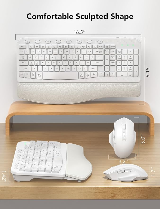 SABLUTE Wireless Keyboard and Mouse Combo, Ergonomic Wave Keys, Cushioned Plam Rest, Comfortable Silent Natural Typing, 2.4G Lag-Free, MA12 Full Size Keyboards Set for Multi-OS, Windows/Mac, White