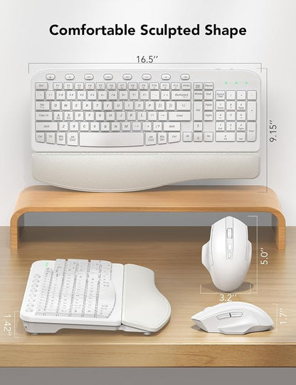 SABLUTE Wireless Keyboard and Mouse Combo, Ergonomic Wave Keys, Cushioned Plam Rest, Comfortable Silent Natural Typing, 2.4G Lag-Free, MA12 Full Size Keyboards Set for Multi-OS, Windows/Mac, White