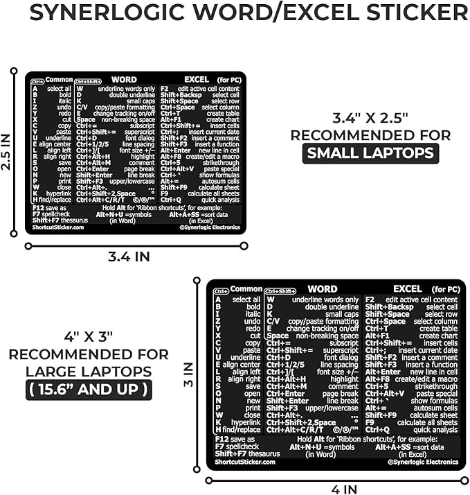 SYNERLOGIC Microsoft Word/Excel (for Windows) Reference Guide Keyboard Shortcut Sticker, Laminated, No-Residue Vinyl (Black/Small)