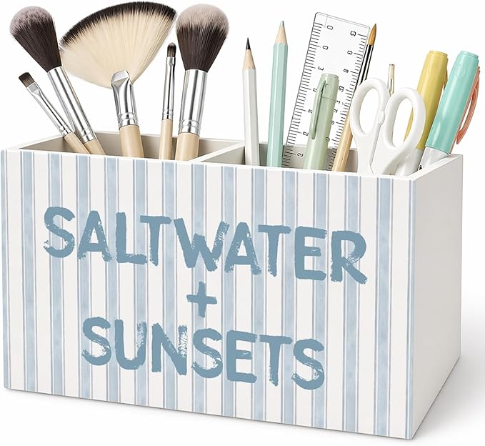 Blue Coastal Beach Pen Pencil Holder for Desk Accessories Coastal Beach Office Decor, Saltwater and Sunsets Decorative for Home Bedroom Office Desk Tabletop