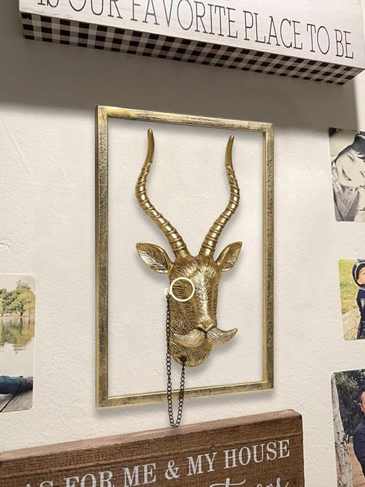Newinhome Animal Heads Wall Decor (Includes Metal Frame) Resin Animals Sculptures Head Wall Hanging Decoration Gold vintage Wall Sculpture for Living Room Bedroom Office(Antelope)