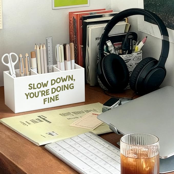 Inspirational Pen Pencil Holder for Desk, Inspirational Gifts for Women Men, Slow Down You're Doing Fine Motivational Wooden Box Sign Decorations for Home Classroom Office Desk Tabletop