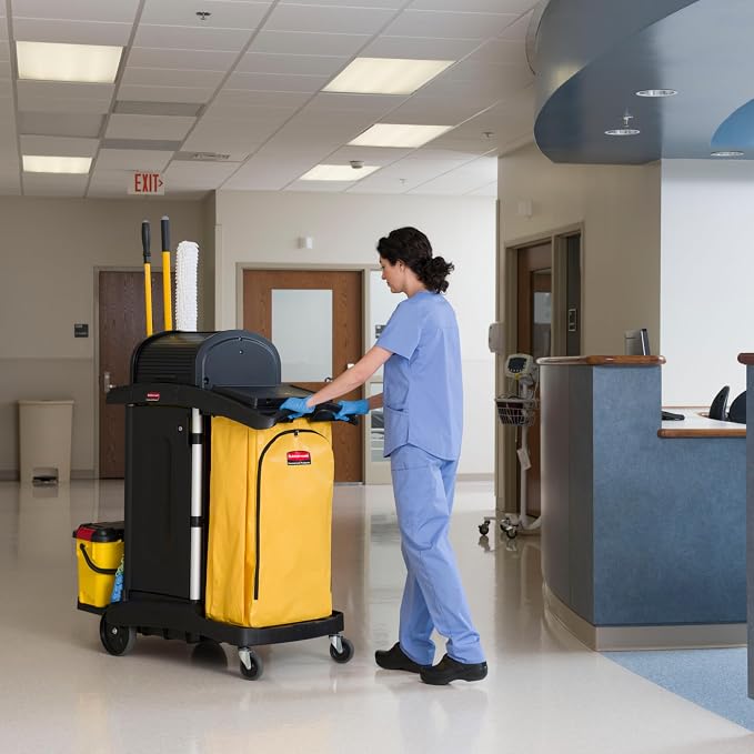 Rubbermaid Commercial High Security Housekeeping Janitorial Cart with Wheels, Yellow Vinyl Bag, Locking Hood and Cabinets for Commercial Facility/Hotel/Stadium/School/Office