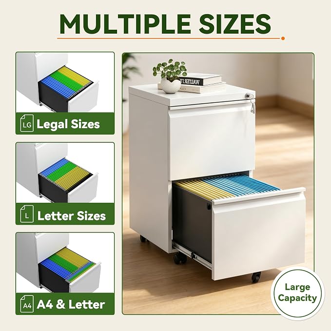 SAWJEC 2 Drawer Mobile File Cabinet with Lock, Fully Assembled Rolling Metal Filing Cabinet for Home Office, Vertical Locking File Cabinet with Wheels, Fits Letter/Legal/A4, White, 17"D x 15"W x 26"H