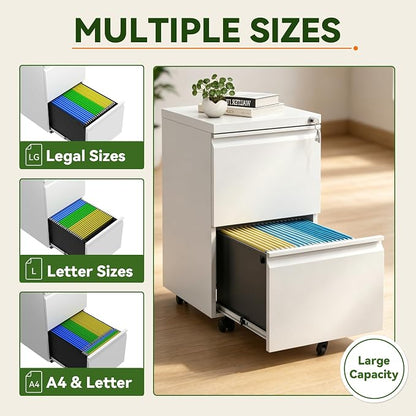 SAWJEC 2 Drawer Mobile File Cabinet with Lock, Fully Assembled Rolling Metal Filing Cabinet for Home Office, Vertical Locking File Cabinet with Wheels, Fits Letter/Legal/A4, White, 17"D x 15"W x 26"H