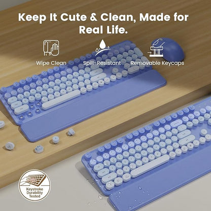 Wireless Keyboard and Mouse Combo, Magnetic Soft-Touch Wrist Rest, Round Keycaps, Full-Size Retro Typewriter Style Keyboard, 2-Stage Tilt Legs, Auto Sleep, 2.4GHz Cordless for Windows PC, Purple Ombre
