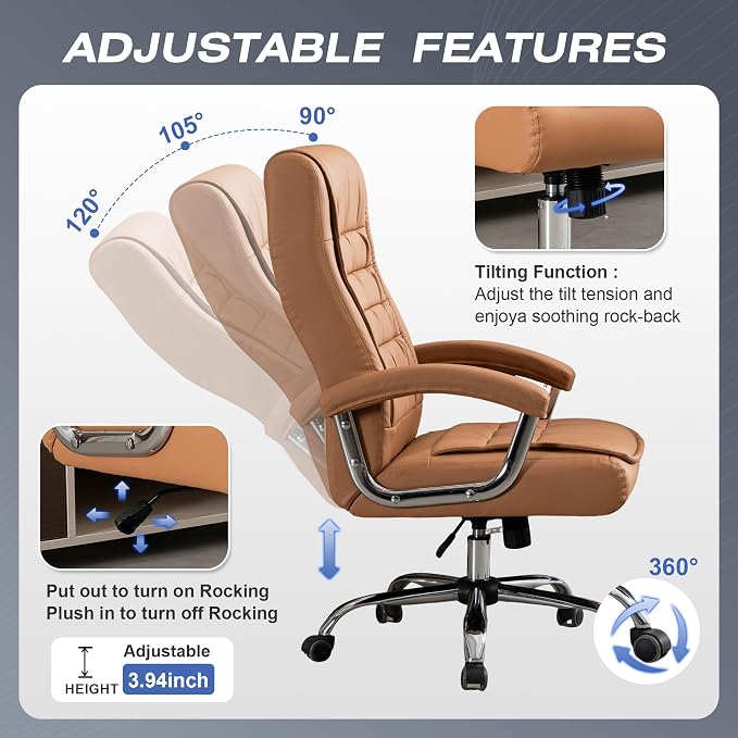 Executive Office Chair Adjustable Leather Chair High Back Swivel Office Desk Chair with Padded Armrest 350lbs Load-Bearing Spring Seat Computer Desk Chair for Home Office, Khaki