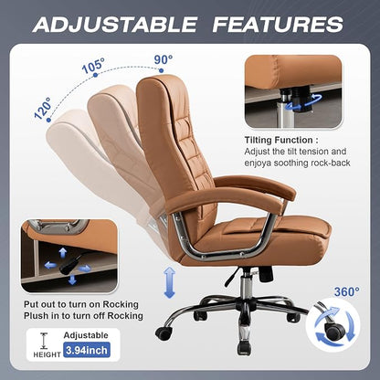 Executive Office Chair Adjustable Leather Chair High Back Swivel Office Desk Chair with Padded Armrest 350lbs Load-Bearing Spring Seat Computer Desk Chair for Home Office, Khaki
