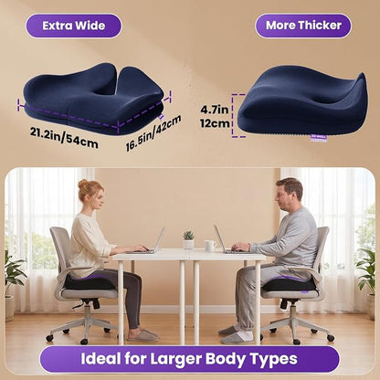 ZZ-WELL Seat Cushions for Office Chairs, Coccyx Cushion for Tailbone Pain Pressure Relief, Memory Foam Butt Pillows for Long Sitting, Patented Design, Extra Large & Thick, 21.2 Inches (Navy Blue)