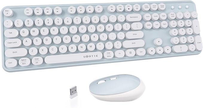 UBOTIE Colorful Wireless Keyboard and Mouse Combos, Retro Typewriter Floating Flexible Full-Sized Keys Computer Keyboard with Optical Mouse, 2.4GHz USB-A Connection for Windows Mac (Green-White)