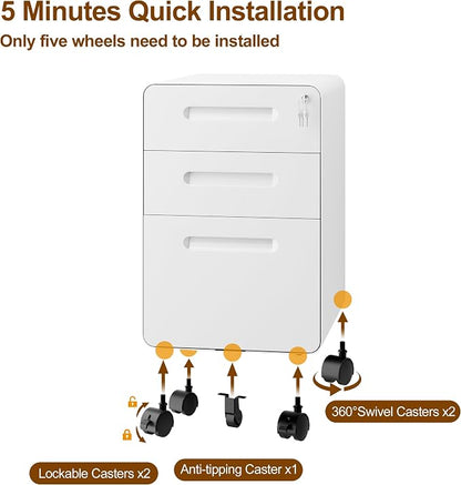 3 Drawers File Cabinet, Mobile Filing Cabinet with Lock, Steel, Fully Assembled Except Casters, for Home Office, for A4, Letter, Legal File Folders, White