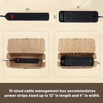 BROWNLILY Cable Management Box, Rattan Style Cord Organizer for Desk Cord Hider Outlet Covers for Power Strip TV PC Router Charger Under Desk Storage - Natural Small