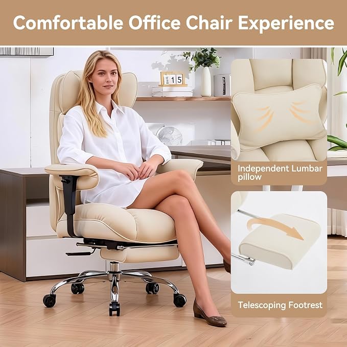 Efomao Executive Office Chair, Beige Fabric Big and Tall Desk Chair | Breathable fabric, pocket spring & foam seat, retractable footrest, 135° recline for computer gaming setup