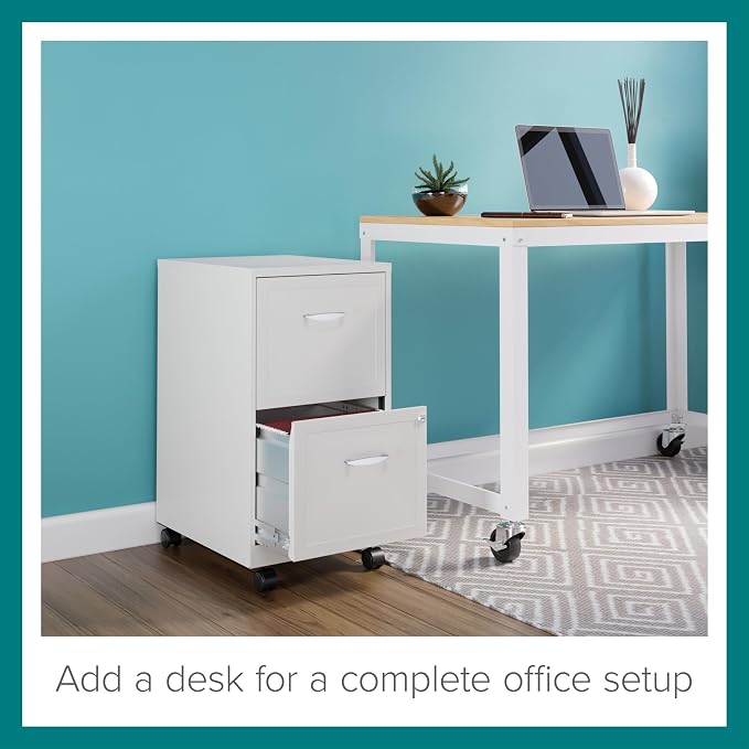 Space Solutions - 2 Drawer Fully Assembled Vertical Steel File Cabinet, Home & Small Office Use, Fits Under Most Desks, Letter-Size, Lock, Mobile, Pearl White