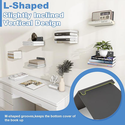 FENTEC Floating Book Shelves for Wall, Wall Mounted Invisible Floating Bookshelf, Heavy-Duty Hanging Bookshelves, Hidden Book Shelf Metal Wall Book Holder for Bedroom Home Office, 6-Pack Black