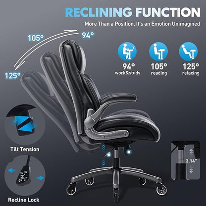 Ergonomic PU Leather 400lbs Executive Office Chairs Set of 2, High-Back Home Computer Chair with Lumbar Support, Flip-Up Arms, Black