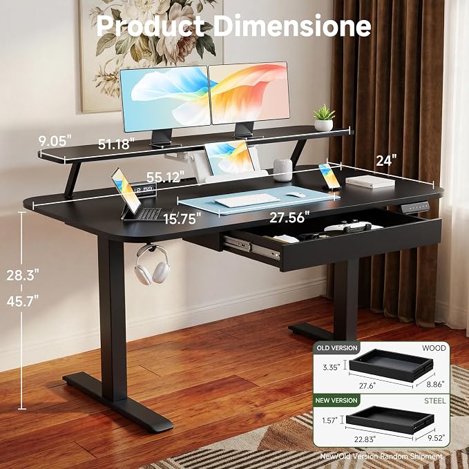 GTPLAYER Electric Standing Desk with Drawers, 55 x 24 Inches Height Adjustable Computer Desk with Monitor Stand, Laptop Stand, Home Office Sit Stand Up Desk with Memory Preset, Black