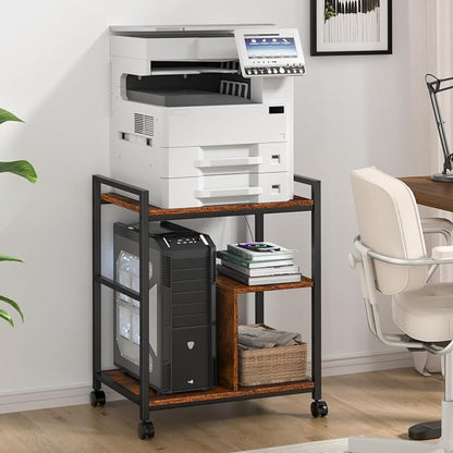 Lerliuo Printer Stand with Charging Station and USB Ports, Large 3-Tier Mobile Printer Table with Storage Shelf, Brown Rolling Industrial Printer Cart with Lockable Wheels for Home Office