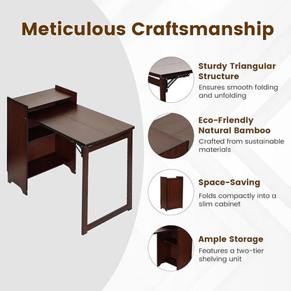 Bamboo Folding Desk with Storage, Mid Century Fold Out Table, Space Saving Foldable Desk for Small Spaces, Multi-Functional Computer Desk for Home Office, Bedroom, Apartment & Dorm