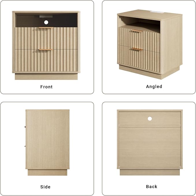 Fluted Nightstand, Night Stand Set 2, 23" Wide Nightstands Set of 2 with Charging Station, 2 Drawers Large End Table w/Storage, Modern Bedside Table for Bedroom, Curved Corners, Natural Oak