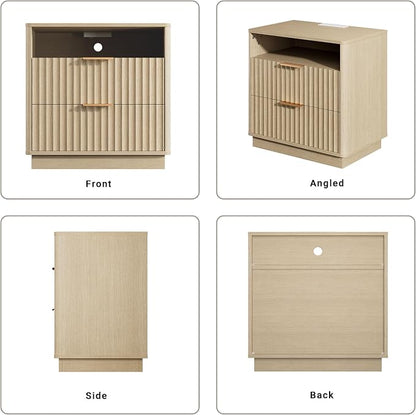 Fluted Nightstand, Night Stand Set 2, 23" Wide Nightstands Set of 2 with Charging Station, 2 Drawers Large End Table w/Storage, Modern Bedside Table for Bedroom, Curved Corners, Natural Oak