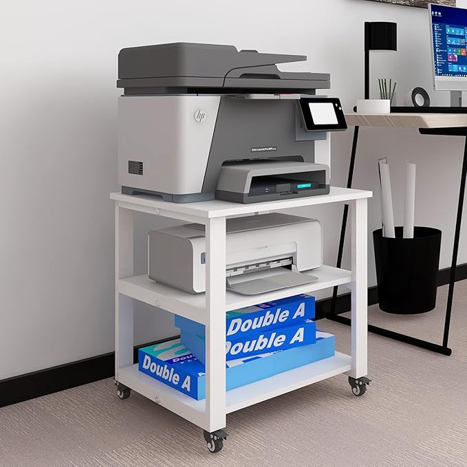 Natwind 3-Tier Laser Printer Cart,19.7''x19.7''x22.6'' Large Machine Stand,Heavy Duty Rolling Table with Storage,Floor-Standing Rack on Wheels,Paper File Organizer Shelf for Home Office (White)