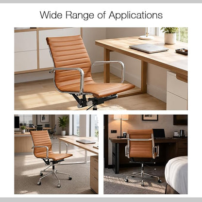 Faux Leather Office Chair with Arms, Lockable Tilt-Back Desk Chair with Aluminum Alloy Base, Adjustable Executive Computer Chair with Wheels for Home Office, Meeting Room, TAN
