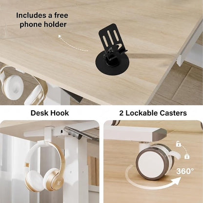 Standing Desk for Walking Pad with Wheels, Pneumatic Cordless Height Adjustable Rolling Desk, Computer Workstation with Drawer Hook Locking Casters for Treadmill Home Office, Light Wood