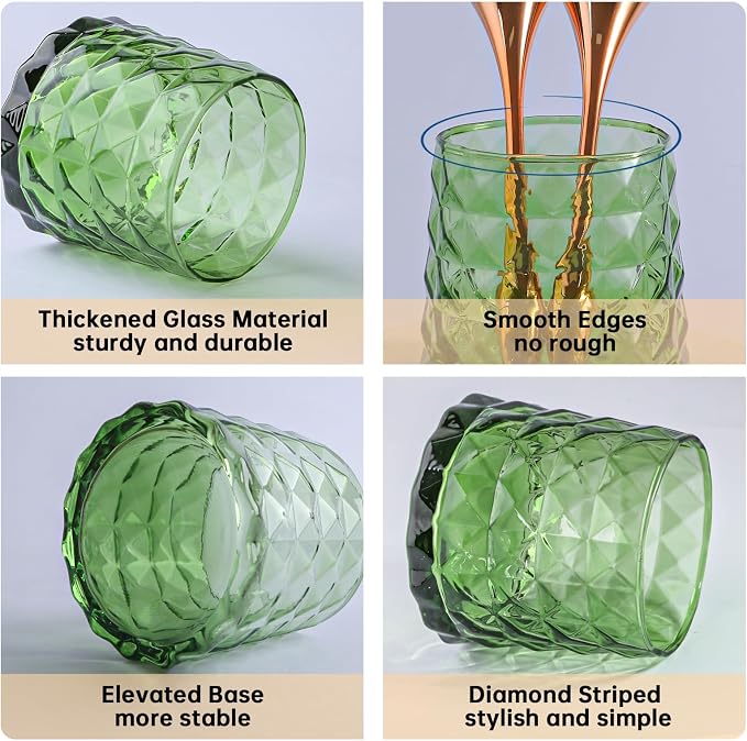 DASITON Glass Makeup Brush Holder Organizer, Diamond Pattern Cosmetic Storage Cup, Makeup Organizer for Vanity, Bathroom Countertop Toothbrush Holder, Desk Pen Pencil Holder (Green)