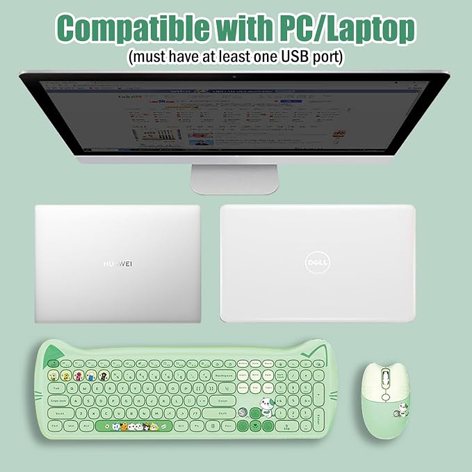 Cute Cat 2.4G USB Wireless Keyboard and Mouse Combo, Silent Keys, Candy Colors, Compatible with Notebook, PC (Green-110Keys)