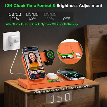 Dual Phone Wireless Charging Station for Apple Devices, Magnetic Charging Station for iPhone with Auto Switch 7-Color Light&Clock,Family Watch Charger for iPhone17 for iWatch11for AirPods Pro3(Orange)