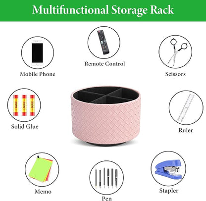 Round Leather Art Supply Organizer,Remote Control Holder,360 Degree Spinning,Multi-Functional Pencil Holder,4 Compartments Desktop Stationary Organizer(1-Weave Pink)