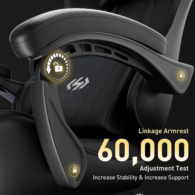 HLDIRECT Gaming Chair, Ergonomic Computer Office Chair with Lumbar Support Footrest Headrest, Adjustable Height & Backrest Angle Video Gamer Chair, PU Leather, 360° Swivel, Adult (Black)