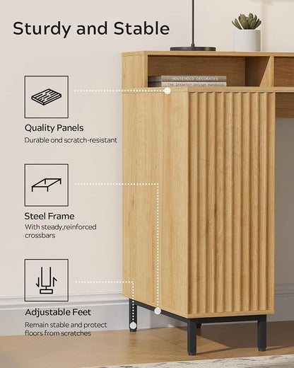 EYYTHUNG Fluted Executive Desk with Charging Station, 55" Modern Wood Office Desk with Monitor Stand & File Drawer, Home Writing Study Computer Table for Work Study, Natural Oak