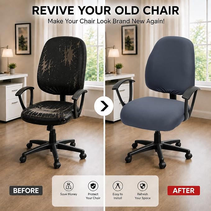 Separate Desk Office Chair Seat Covers - Universal Stretch Computer Chair Slipcover - 180GSM Washable Rotating Backrest Coverings & Cushion Protectors for Dogs, Cats, Pets, Dark Gray