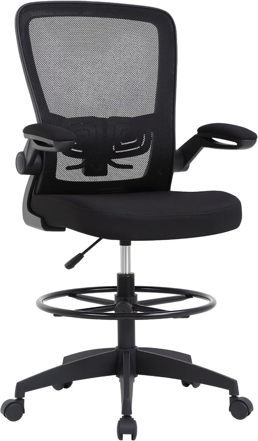 BestOffice Drafting Chair Tall Office Chair Adjustable Height with Lumbar Support Flip Up Arms Footrest Mid Back Task Mesh Desk Chair Computer Chair Drafting Stool for Standing Desk
