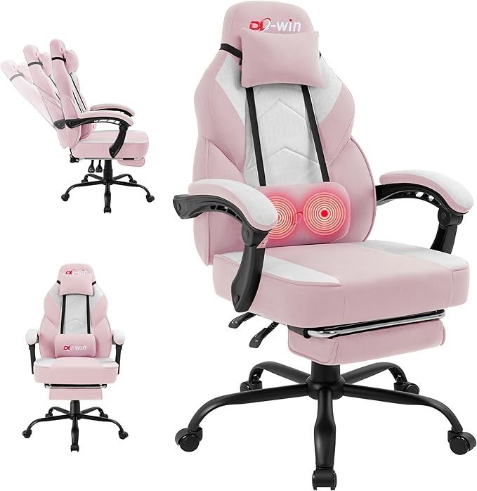 DL-win Video Gaming Chair for Adults, Computer Chair with Footrest and Ergonomic High Back, Big and Tall Gamer Chair with Massage Lumbar Support (Blush)