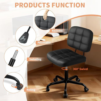 Armless Home Office Desk Chair - Small Swivel Office Desk Chairs with Rolling Wheels - Height Adjustable PU Leather Computer Chair with Comfy Low Back - For Small Space, Bedroom, Home, Vanity - Black
