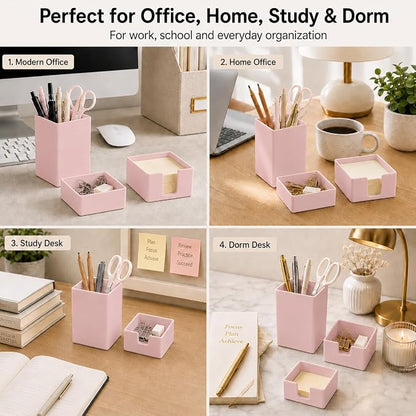 minimaliving Aesthetic Silicone Desk Organizer Set of 3,Modern Office Desk Accessories with Pen Holder,Paperclip Tray,Sticky Note Holder,Stylish Functional Office Desk Decor for Back-to-school(Pink)