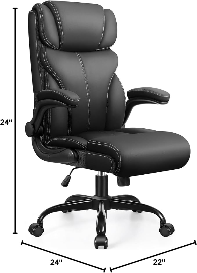 Office Chair, Ergonomic Big and Tall Computer Desk Chair with Retractable Adjustable Headrest, Executive Breathable Leather Chair, Lumbar Support Swivel Flip-up Armrests Rocking Function,Matte Gray