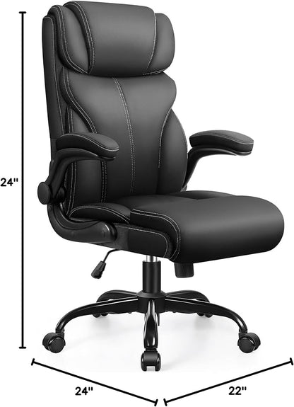 Office Chair, Ergonomic Big and Tall Computer Desk Chair with Retractable Adjustable Headrest, Executive Breathable Leather Chair, Lumbar Support Swivel Flip-up Armrests Rocking Function,Matte Gray