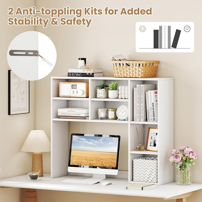 GOFLAME 7 Cubes Desktop Bookshelf, 37” Desk Organizer Shelf with 3 Adjustable Shelves, 3-Tier Wood Countertop Display Rack, Multipurpose Tabletop Desk Hutch for Dorm, Home Office, White