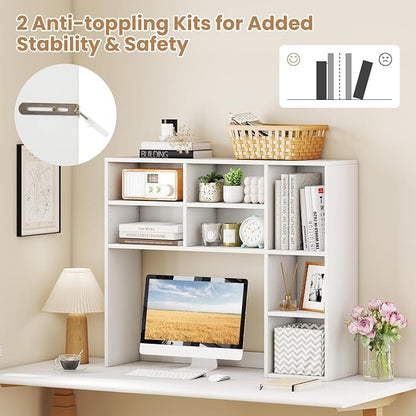 GOFLAME 7 Cubes Desktop Bookshelf, 37” Desk Organizer Shelf with 3 Adjustable Shelves, 3-Tier Wood Countertop Display Rack, Multipurpose Tabletop Desk Hutch for Dorm, Home Office, White