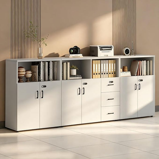 File Cabinet with Password Lock, Wood Lateral Filing Cabinet for Letter/A4 Files, 3 Drawer with Door, Printer Stand with Open Shelves for Home Office