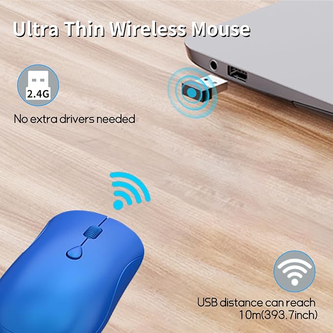 Wireless Mouse for Chromebook, Laptop, PC, MacBook, Slim Portable Optical Computer Mouse with USB Mini Receiver, Quiet Click, 2400 DPI, 2.4GHz Cordless Silent Travel Mobile mice - Blue